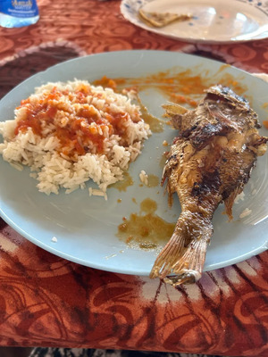 Coconut rice served with grilled fish on Wasini Island tour