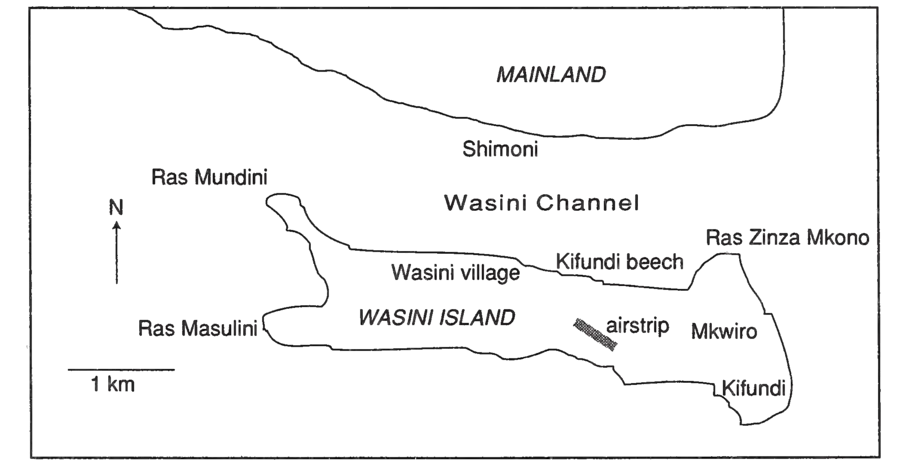 Map of Wasini Island showing its location from Shimoni mainland Wasini Island map